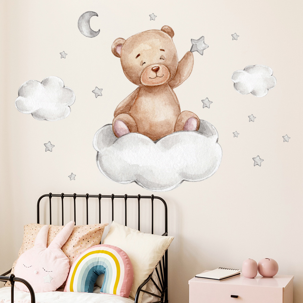 Baby Nursery Mural Wallpaper - Autocollants muraux ours, lune, nuages, étoiles,